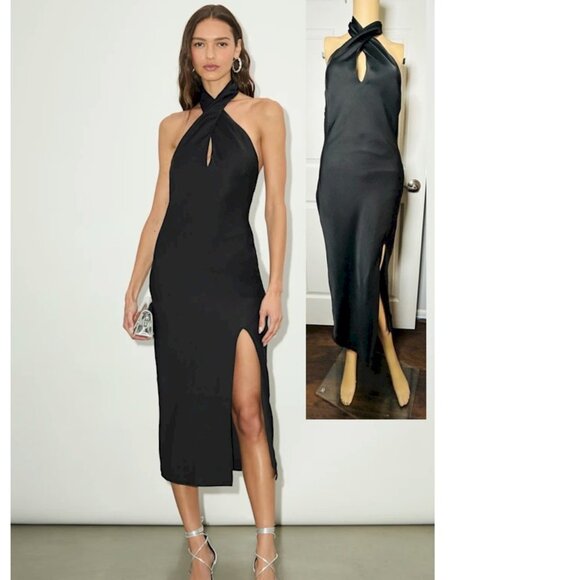 Beyond Classy Black Satin Halter Midi Dress by Lulus Size Large NWOT - Picture 1 of 16